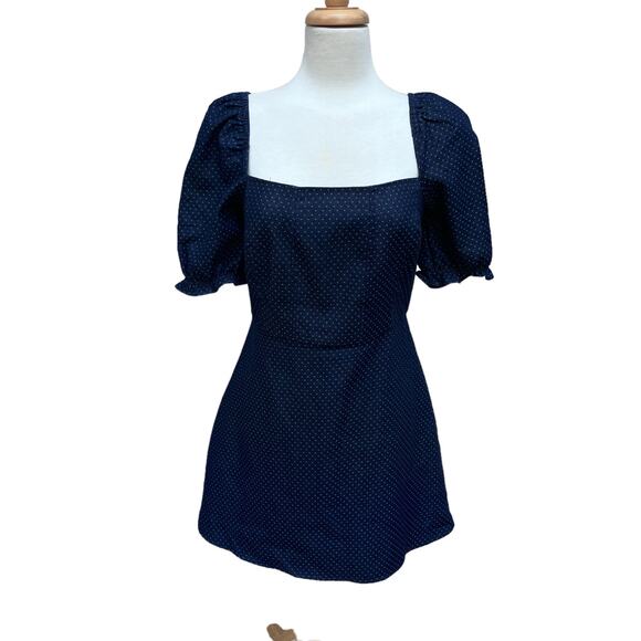 Lulu’s Mini Dress Size M Navy Blue Square Neck Polka Dots Y2K Puff Sleeve Casual - Picture 1 of 10